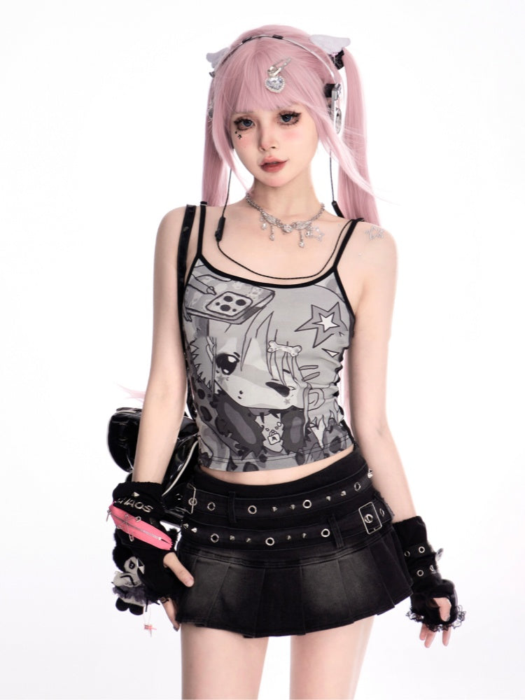 Straps Mini Pleated Denim Skirt Waist Studded Buckle Black Low