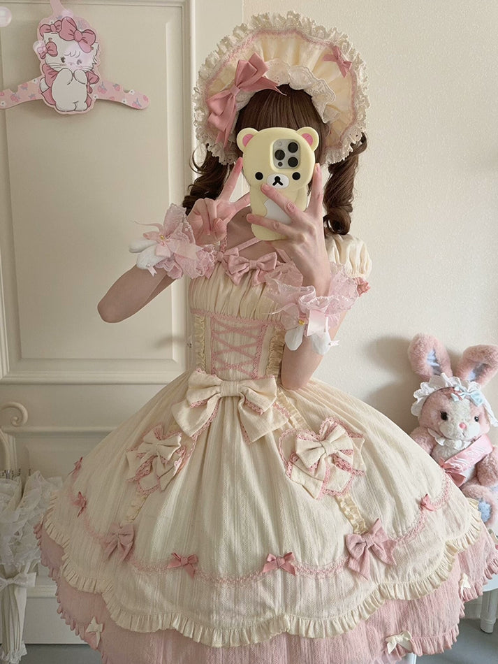 Sleeves Detail Sweet Old School Bowknots Lolita And Dress Yellow Piece One Pink Short Light