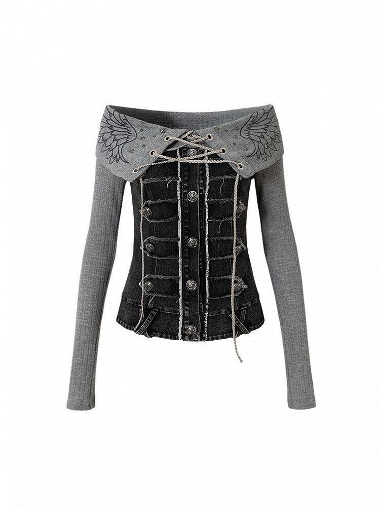 Top Knit Grey with Panels Off-Shoulder Denim Design Vintage Punk