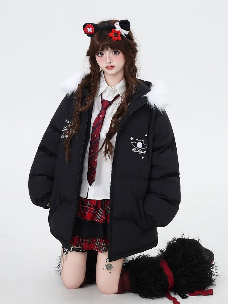 Black Faux Fur Trim Puffer Jacket with Free Crossbody Ita Bag