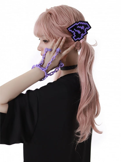 Lila mit und Pixel Zeichen Druck Kette Design Jirai Kei T-Shirt Ring Armband Finger Schwarz