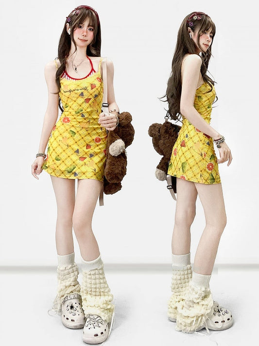 Y2K Pattern Plaid Letter Neck + Yellow Fruit Halter Cami Print Bittersweet Dress Top And Red
