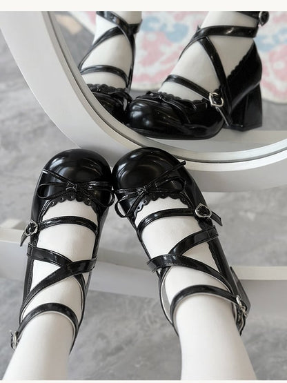 Block Knotted Sweet Bow Jane Heel Lolita 6cm - Schwarz mit Mary Shoes