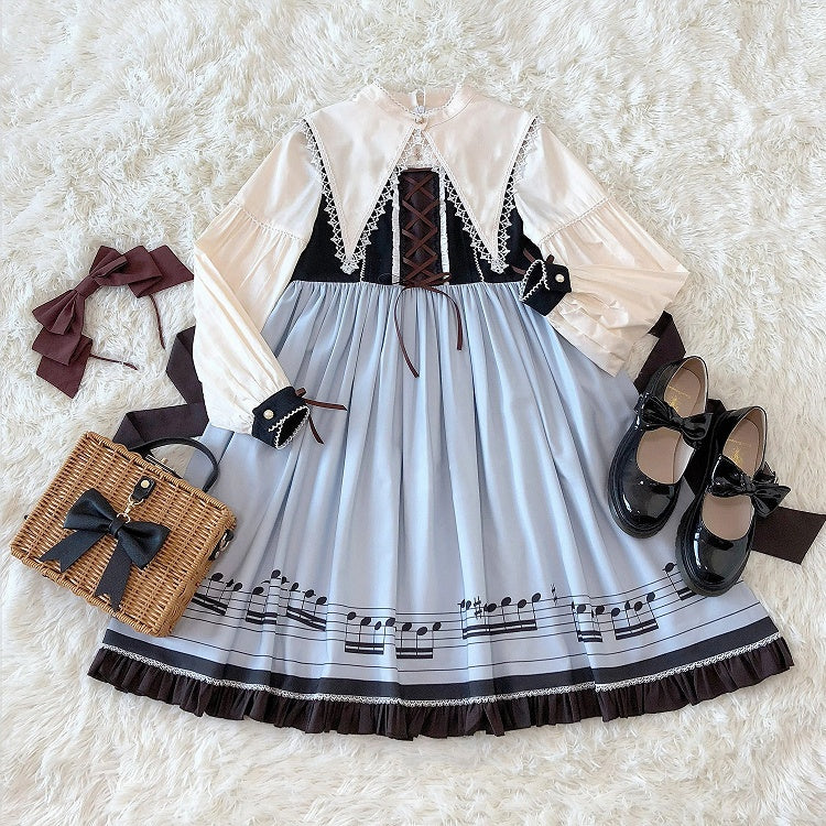 Robe Lolita d'automne bleue à manches longues et col pointu séparé, motif notes de musique