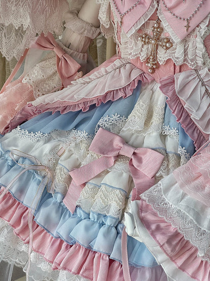 Robe Lolita taille haute rose et bleue, ensemble complet avec jupe et pull