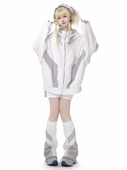 Sweat à capuche zippé en maille blanche et grise Jirai Kei