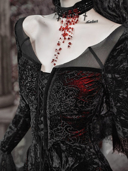Wings Romantic Velvet and Shaped Lace Neckline Bat Vampire Dress Goth Mermaid