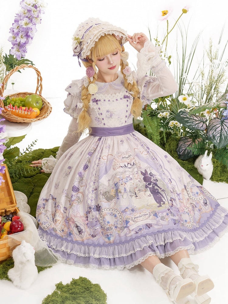 Rabbit Tea Party and Floral Light Purple Lolita Dress with Detachable Sleeves