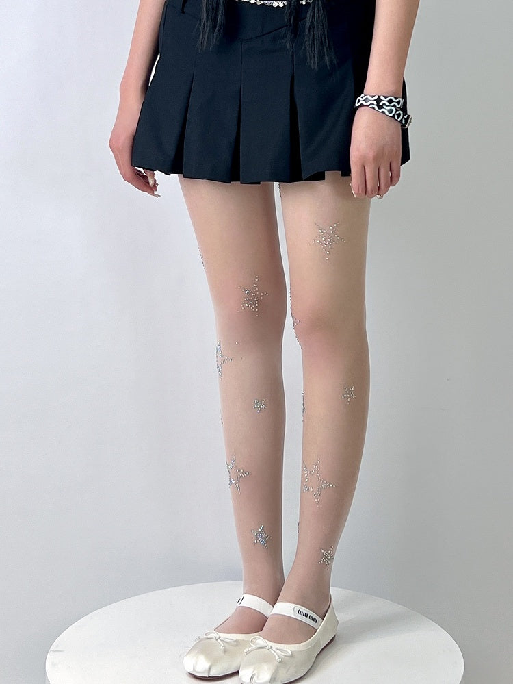 Weiße Strumpfhose im Y2K-Stil mit Strass-Stern-Dekor
