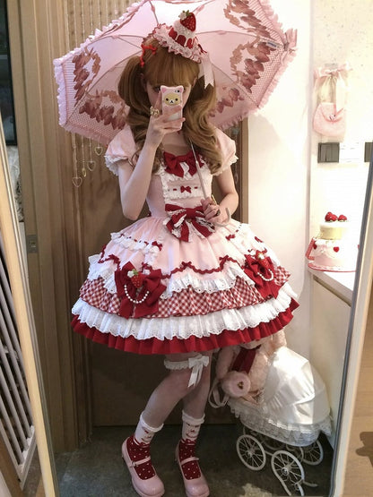 Pink and Red Strawberry Bowknots Decorated Tiered Skirt Sweet Lolita Dress