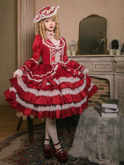 Red Gorgeous Tiered Ruffle Skirt Puff Sleeves and Bell Sleeves Lolita Dress