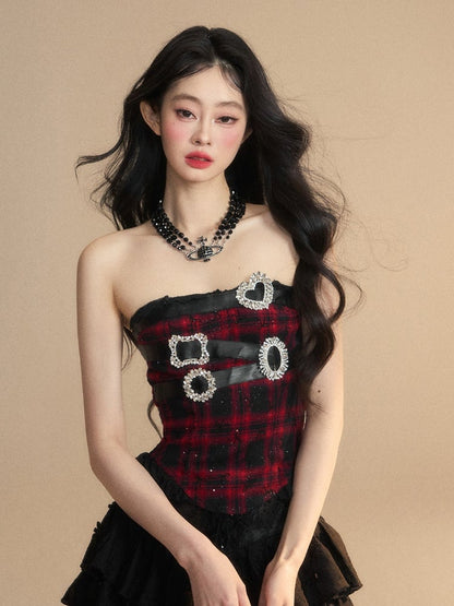 Black Plaid Rhinestone Buckles Lace Trim Glamorous Strapless Top Red