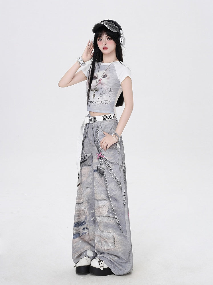 Grey Low Holes Waist Distressed Chains 3D Print Wide-Leg Casual Pants and