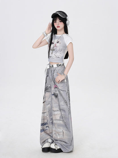 Grey Low Holes Waist Distressed Chains 3D Print Wide-Leg Casual Pants and