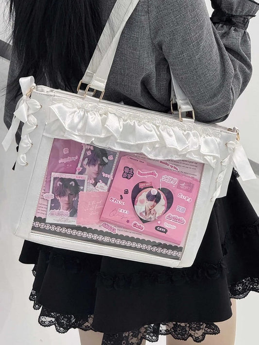 Holder Bow Bag Satin Card Ruffle White Straps Trims Ita With Self-tie