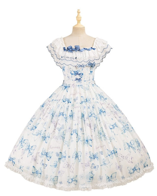 Robe Lolita bleue à imprimé papillons et nœuds, décolleté deux façons