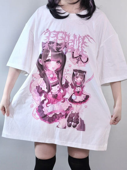 Jirai White Oversized Girl Round Cartoon Kei Print T-shirt Neck