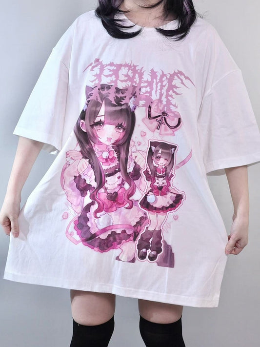 Jirai White Oversized Girl Round Cartoon Kei Print T-shirt Neck