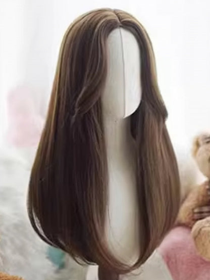 Dark Brown Long Straight Wig With Curtain Bangs