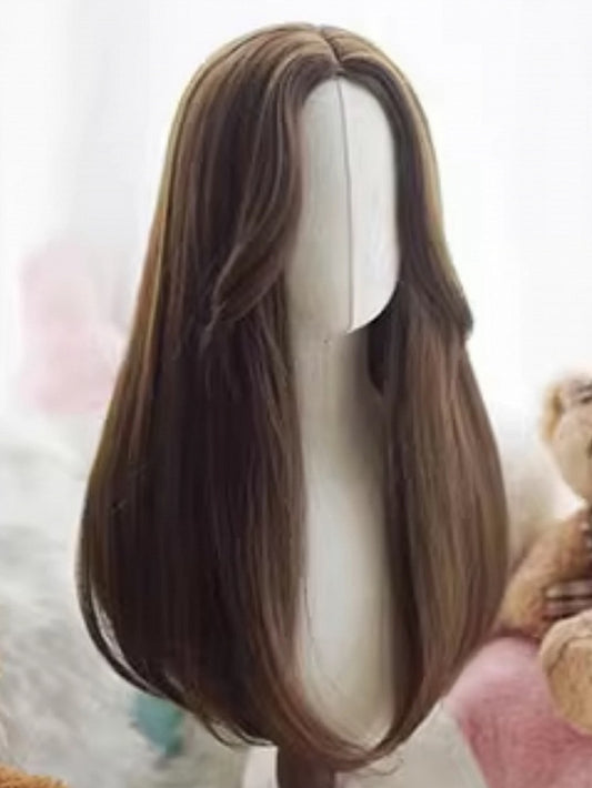 Dark Brown Long Straight Wig With Curtain Bangs