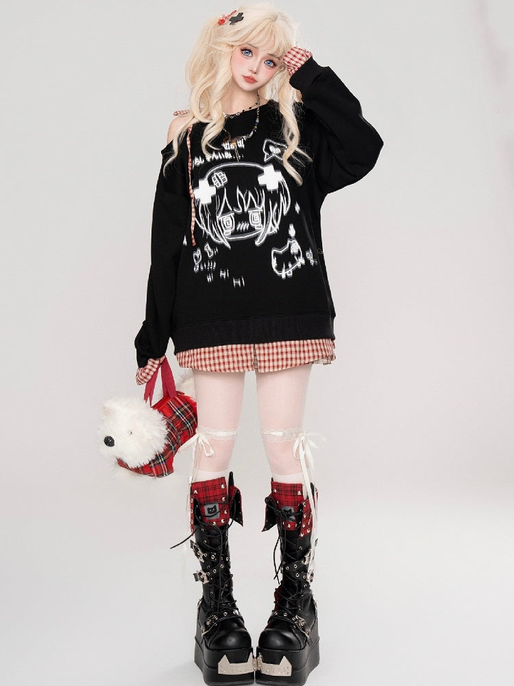 Haut Yami Kawaii noir/blanc à encolure asymétrique et poignets à carreaux