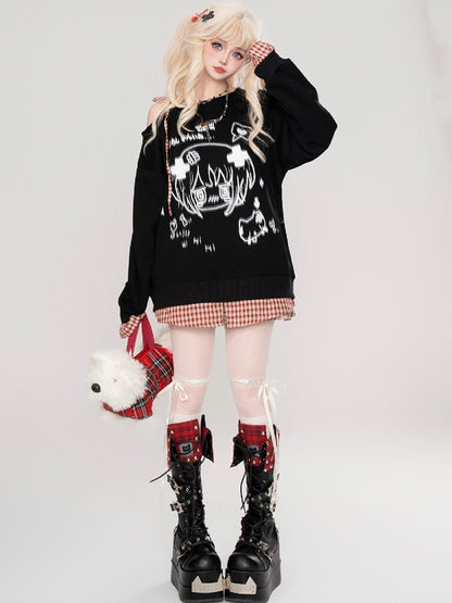 Haut Yami Kawaii noir/blanc à encolure asymétrique et poignets à carreaux