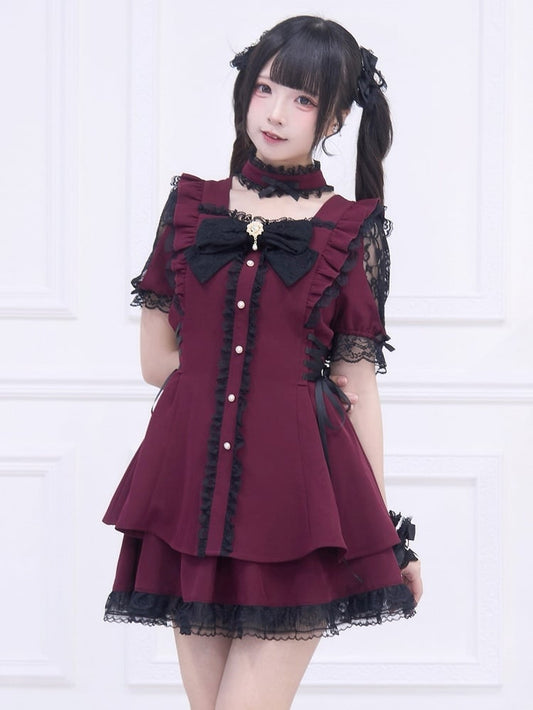 Black Trim Dress Side Kei Set: Lace-up Wine and with Red Matching Lace Mini Skirt Jirai
