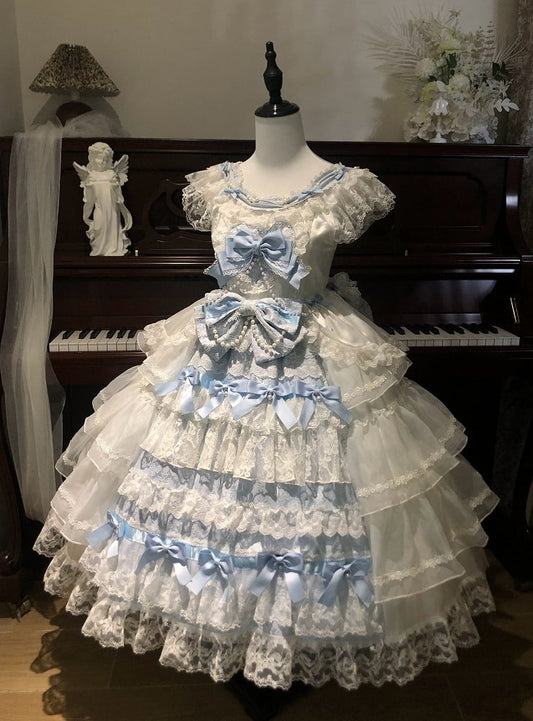 Hime Lolita Bows Skirt and Blue Hanayome White Decoration Tiered Dress