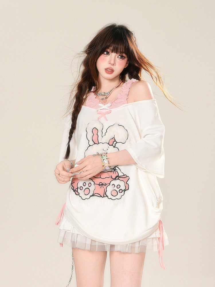 T-Shirt Pattern Adorable Cutout Shoulder Drawstring Waist Bunny White Loose