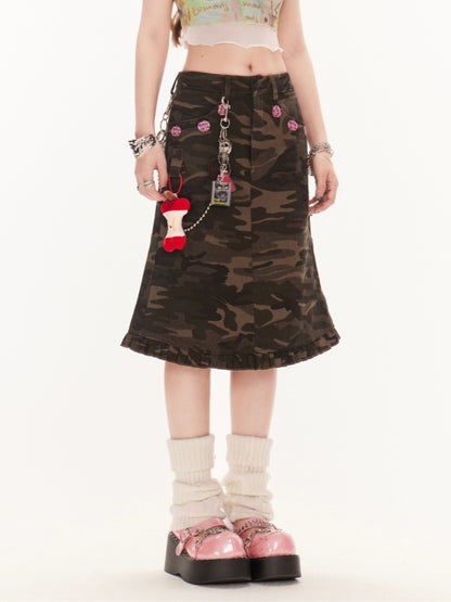Waist Vintage Ruffle Hem Denim Mermaid Skirt Camo Low