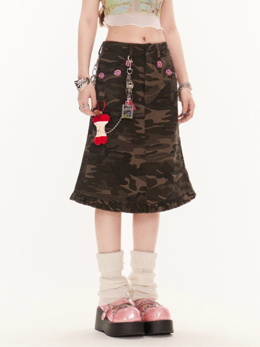 Waist Vintage Ruffle Hem Denim Mermaid Skirt Camo Low