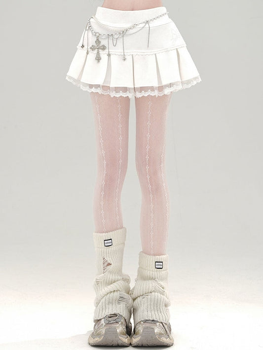 Mini Pleat Box Skirt Lace Trim Apricot