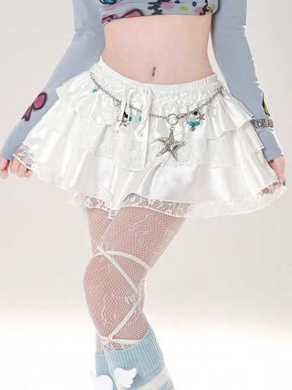 ホワイト/ブラックのトリム、伸縮性のあるウエスト、バタフライアップリケ、レース