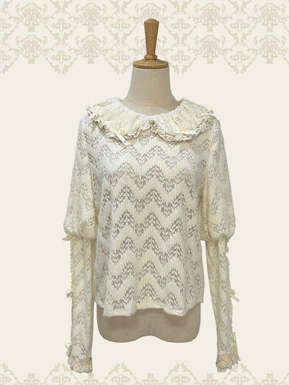 Long Peter Creamy Knitted Sleeves Pan Top Collar