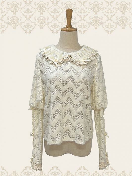 Long Peter Creamy Knitted Sleeves Pan Top Collar