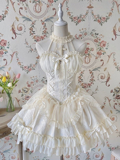 Neck Balletcore Corset Lolita Dress Pink Belle JSK Halter Cross