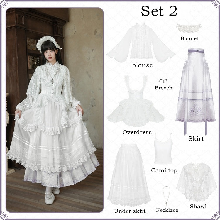 Long Skirt Floral Sleeves Purple + Lolita Print Han Horse-face and Light Blouse White Set Full Snake