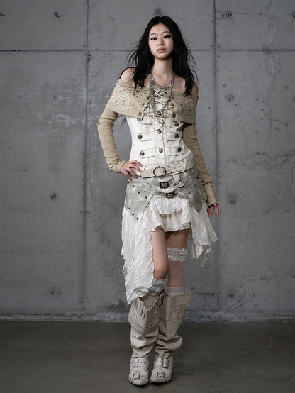Asymmetrical Beige Punk Skirt with PU Studded Detail