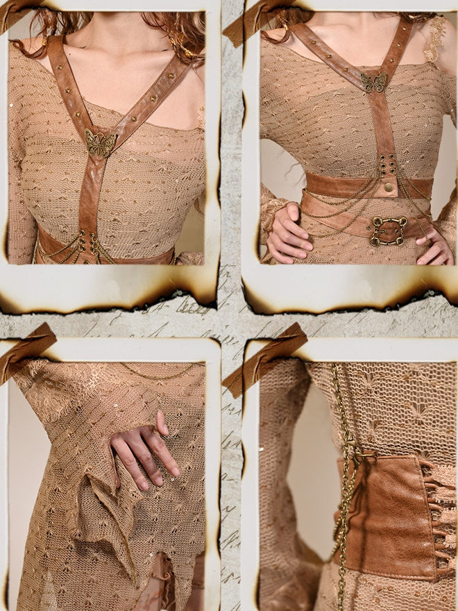 Wasteland Decorated Harness With Neckline And Punk Asymmetrical Brown Knitted Sweater  Butterfly Light Chain