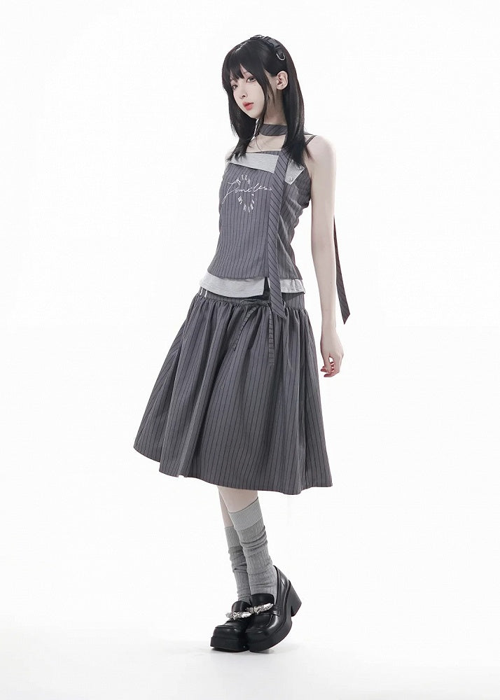 Gray Silhouette | Skirt Partial Button-Up Front Striped A-Line Preppy