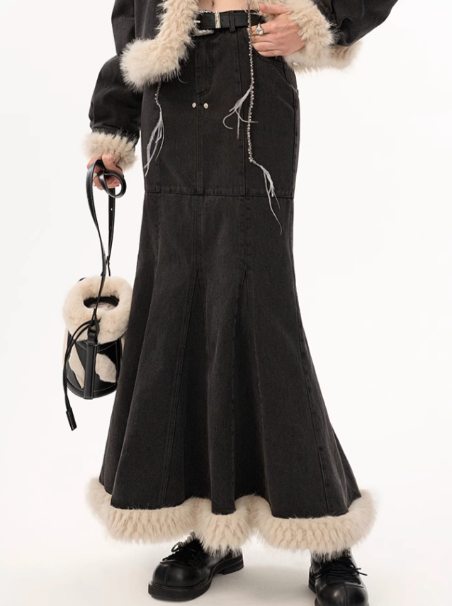 Mermaid Long Denim Fur Skirt