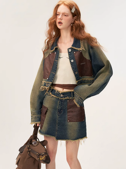 Veste en jean Osh Denim + Jupe Patchwork Cuir Court Rétro