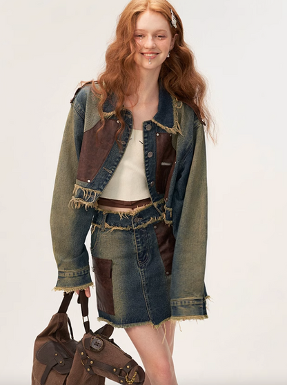 Veste en jean Osh Denim + Jupe Patchwork Cuir Court Rétro