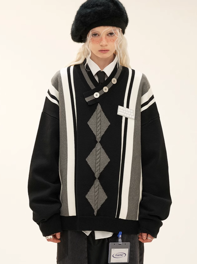 Stripe Letter Art Argyle Sweater