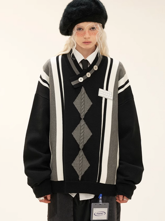 Stripe Letter Art Argyle Sweater