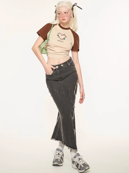 Slit Asymmetrical Damaged Skirt Denim Retro