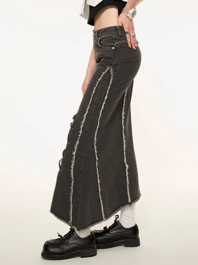 Slit Asymmetrical Damaged Skirt Denim Retro