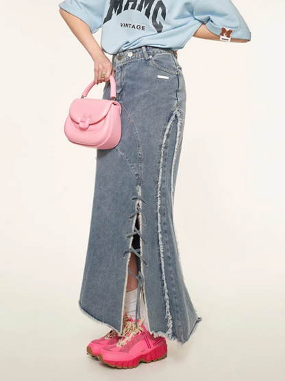 Slit Asymmetrical Damaged Skirt Denim Retro