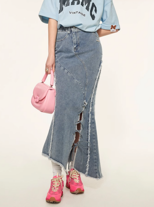 Slit Asymmetrical Damaged Skirt Denim Retro
