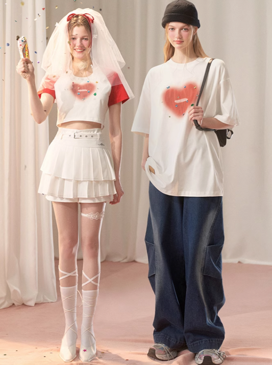 Haut court bicolore + bijoux longs